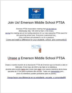 PTSA Meeting Wednesday, May 10th @ 9am - Junta de PTSA miercoles 10 de mayo @ 9 en la manana